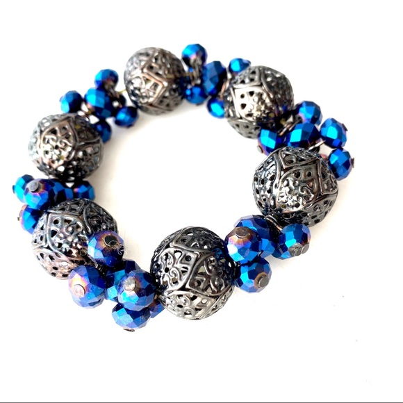 Stretch Blue Metallic Bead Filigree Metal Bracelet - Picture 3 of 4